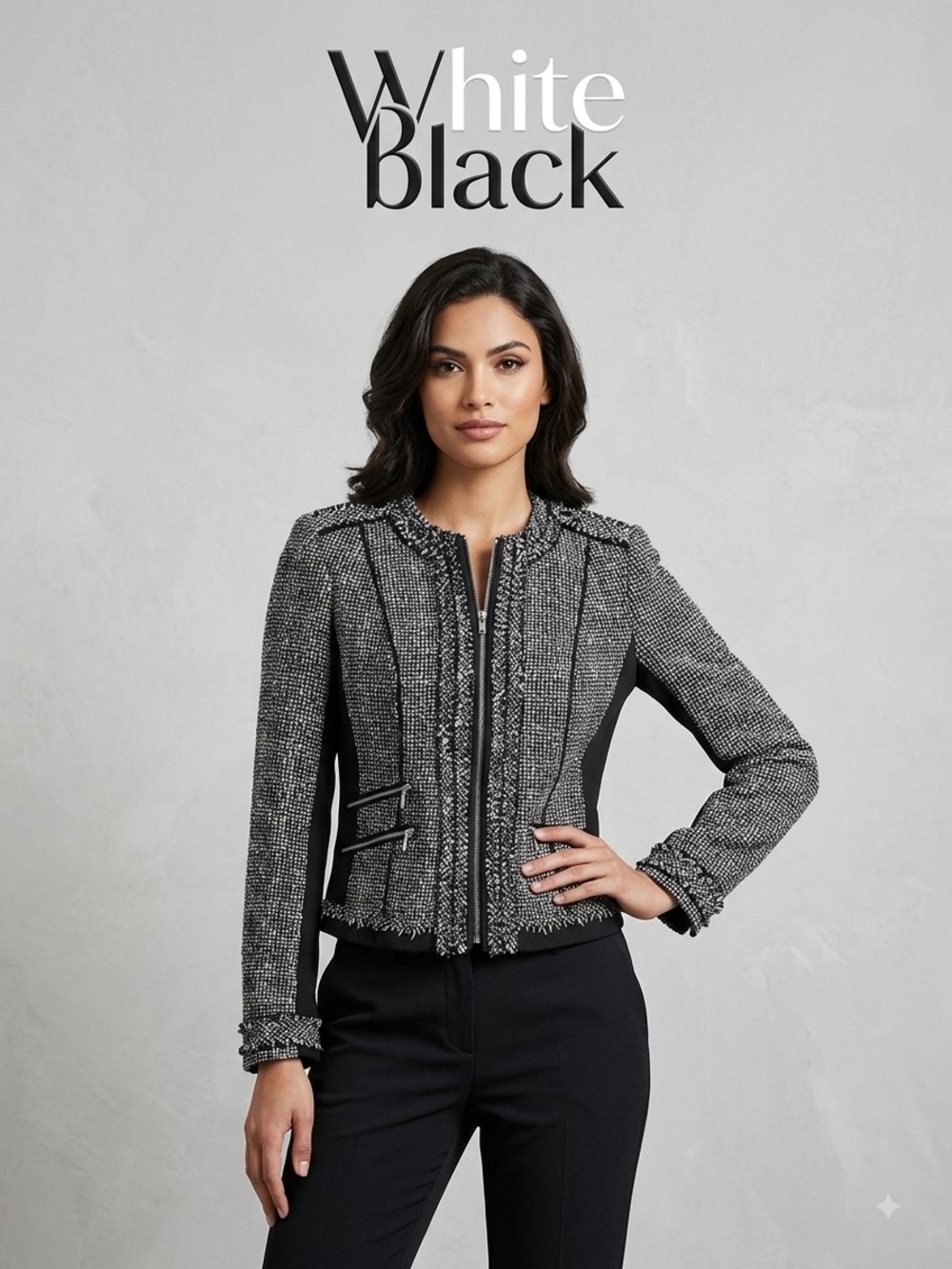 White House Black Market Black & White Tweed Zip-Front Blazer